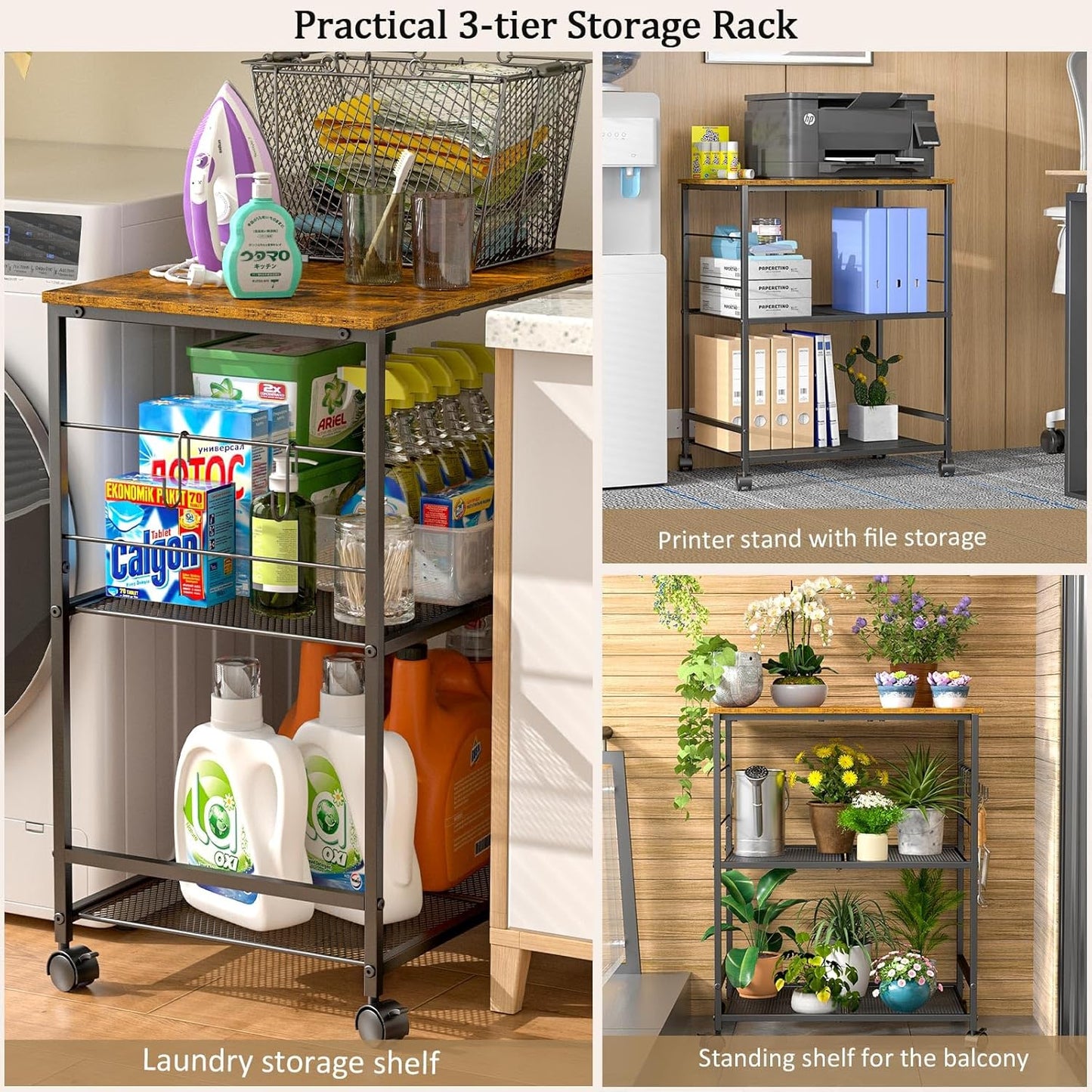 Rolling Kitchen Microwave Cart, 3 Tier Microwave Table Stand with Storage, Kitchen Utility Cart on Lockable Wheels, Small Coffee Cart Shelf Rack Organizer for Living Room Office, Balcony