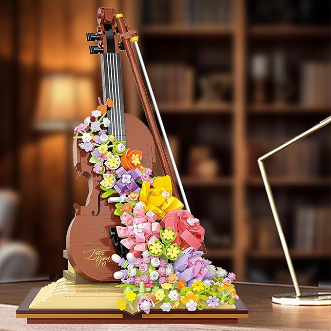 Mini Violin Building Blocks Sets Flower - 950+PCS Musical Instrument Micro Building Bricks Kit Floral - Creative Ideals Collectible Architecture Decoration Birthday Gift(Violin Flower)