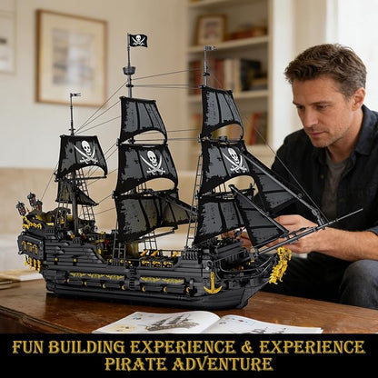 Reobrix Pirate Ship Building Set with LED Lights Collectible Large Black Pearl Model Kit Black Ship Building Toys for Adults 66036 Ship Sailboat for Home Decor Gift for Pirate Ship Fans 14+