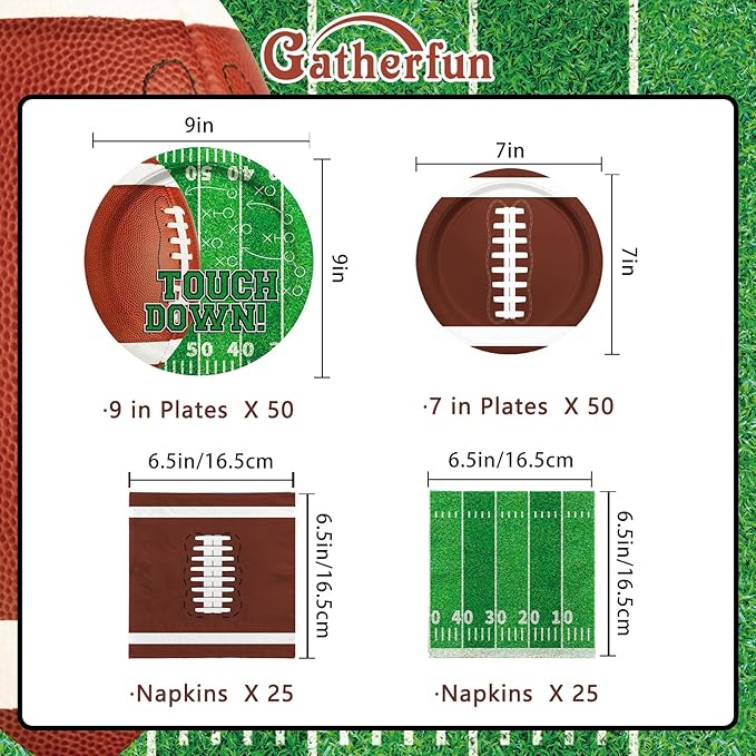 Football Party Supplies Kit Serve 50Includes Touchdown Dinner Plates Dessert Plates and Napkins for Football Birthday Party Football Game Day Tailgate Party Decorations