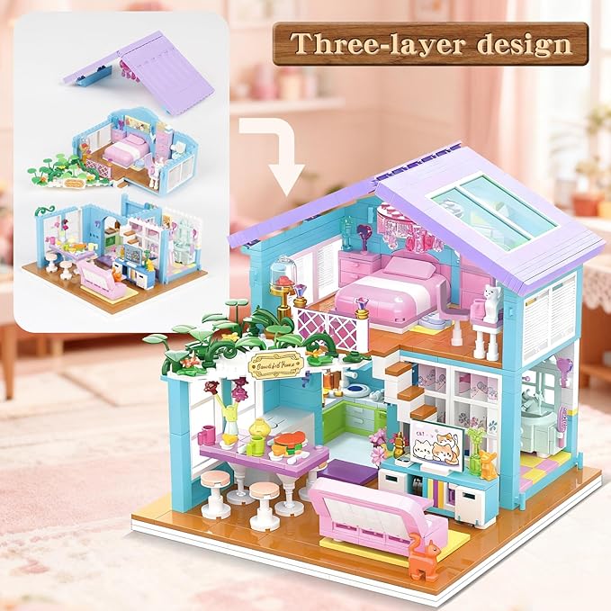 730PCS Pink Cat's House Building Blocks KitDream Villa Architecture STEM Toys Friends Building Set with LED LightUnique Educational Birthday Gift for 14+ GirlsBoys or Adults