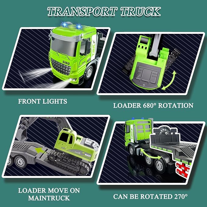 Fistone RC Semi-Trailer Truck &amp Excavator Toy Set 1:12 Scale with Sound and Lights 11CH 2.4Ghz Remote Control Flatbed Truck and Excavator Toys Great Gift for Kids Boys