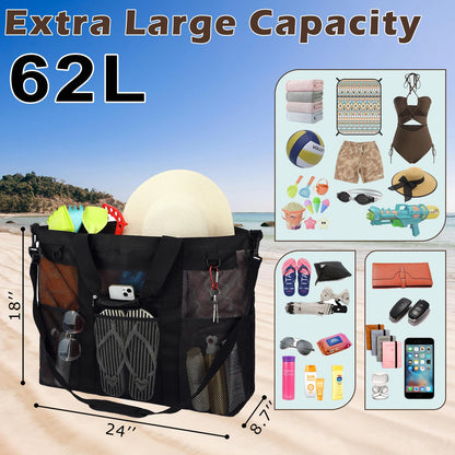 Fammart Extra Large Mesh Beach Bag for Family, Pool Travel Tote Bag with Zipper Closure, 10 Pockets, Sandproof Bottom