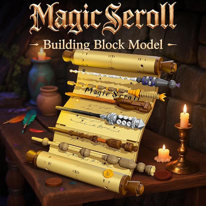Inspired Magic Scroll Building Block Set with 7 Unique Wizard Wands Movie Fantasy Fans DIY Construction Toy for Enthusiasts Ideal Gift for Kids &amp Collectors