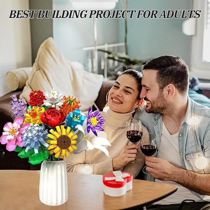 Flowers Bouquet Building Set - 12 Kinds of Flowers Botanical Collection and Decorative Home for Mother's Day Birthdays Gifts Ideal for 6+ Women Girls Adults No Vase