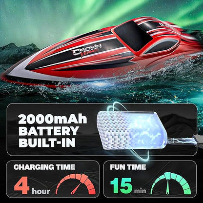 BEZGAR RC Boat 16 inch Big Brushless Remote Control Boat for Adults and Kids 55 KPH Large Fast RC Speed Boats with 2000mAh Battery Ideal Waterproof Toy Boats for Lakes - HJ818PRO Red
