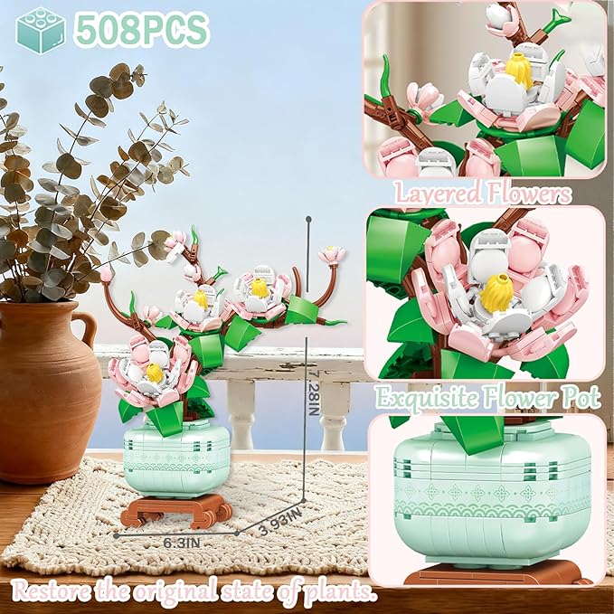 Botanicals 3 Bonsai Flowers Building Blocks Set Lucky Bamboo-Red Poinsettia-Pink Orchid Artificial Flower Bouquet Building Bricks Toy Plants Decor Ideal Valentine's Day Gift for Lover (1576PCS)