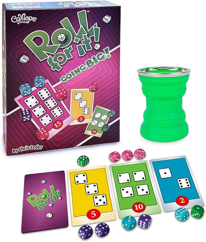 Calliope Games Roll for It Going Big - Fast-Playing Family Dice Game with Big Oversized Cards and Dice Retirement Party Games Fun Family Games for Travel Parties and Game Night - Purple Edition