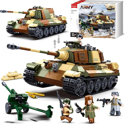 Sluban WW2 Tiger II Army Tank Building Kit Set Military Model Toys with 4 Soldier Figures Gifts for 6-12 Years Kids Old Army Toys Compatible with Lego Tank 930 PCS