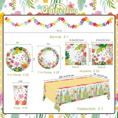 Tropical Luau Party Supplies Kit for 25 - Aloha Hawaiian Party Decorations with Disposable Paper Plates Napkins Cups Tablecloth and Banner | BBQs &amp Summer party