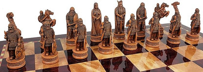 Antique Ivory &amp Brown Norse Viking Chess Set with 18 inch Cherry Color Board