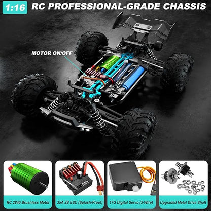 1:16 Scale Brushless RC Car for Adults 45+ MPH High Speed 4WD Waterproof Off-Road All-Terrain RC Truck with 2 Batteries &amp 2.4GHz Controller (1:16 Scale Brushless)
