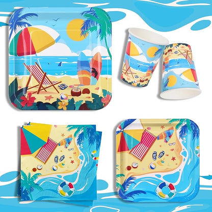 Beach Theme Party Supplies Summer Pool Pack Includes: Paper Dinner Plates Dessert Plates Luncheon Napkins Cups and Tablecloth for Hawaiian Party Birthday Decorations Serve 25