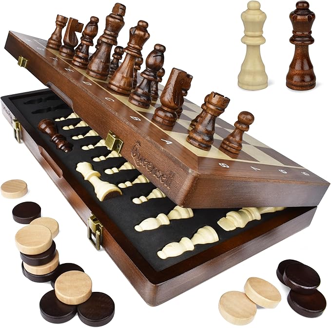 2 in 1 Magnetic Chess Set &amp Checkers Board Game for Adults and Kids - 15 Chess Tournament Chessboard with Magnetic Pieces - Free E-Book with Chess Puzzles