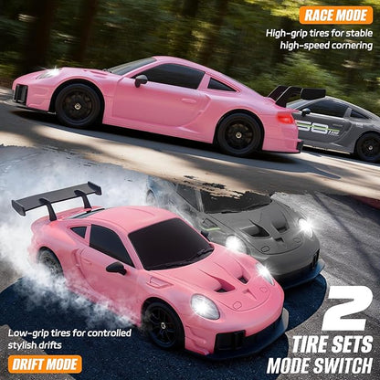RC Drift Car 1:24 4WD Remote Control Cars Vehicle with LED Light2.4GHz 20KM/H High Speed RC Cars with Two Batteries &amp Drifting Tires Racing Sport Toy for Adults Boys Girls Kids Pink