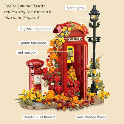 Red London Telephone Box Building Blocks Set for AdultsIdeas Flowers Phone Booth Mailbox and streetlightsCreative Gift Home Office Retro Decor