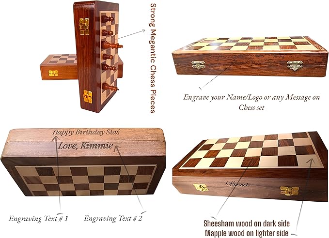 Personalized Wooden Chess Set | Magnetic Folding Travel Board with Storage Box &amp 2 Extra Queens (7 inch x 7 inch)