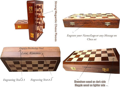 Personalized Wooden Chess Set | Magnetic Folding Travel Board with Storage Box &amp 2 Extra Queens (7 inch x 7 inch)