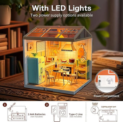 LED Building Blocks for Adults 1:24 DIY Miniature Dollhouse Kits with Roof &amp Dustproof Cover Tiny House Toy Building Sets for Kids Ages 8-12-15 Birthday Hobbies Gift for Men Women Boy Girl