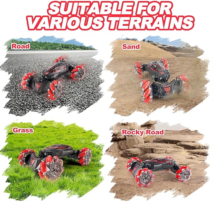 1:10 Remote Control Stunt Car 4WD 2.4 GHz Hand Gesture Sensing RC Crawler Vehicle 360° Flips with Lights Music Spray Birthday Presents Toy Cars for Kids Both Boys and Girls Aged 6-12 (Red)