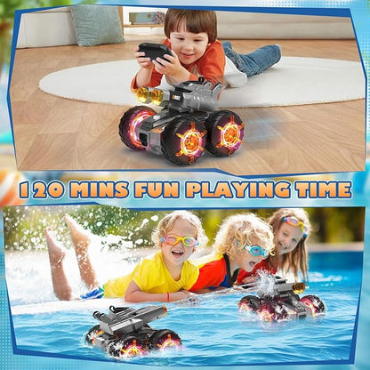 Waterproof Remote Control Car with Water GunRechargeable Amphibious Rc Car BoatsGesture Sensing RC Stunt Cars Drive on WaterOutdoor Indoor Pool Toys for KidsBirthday Gifts for Boys Girls Teens 8+