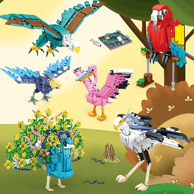 KAZI Bird Building Toy SetParrotPeacockFun Building Blocks for Kids Ages 8 and UpBuild and Display Birds Model for Bird EnthusiastsEaster Basket StuffersGift for Birds LoversParty Favors