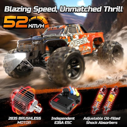 DEERC H16R Brushless Fast RC Cars1:16 52KM/H High Speed Remote Control Car4X4 All Terrains RC Monster TruckWaterproof Off-Road Hobby Electric Vehicle Car Gift for Adults Boys2 Li-ion Batteries