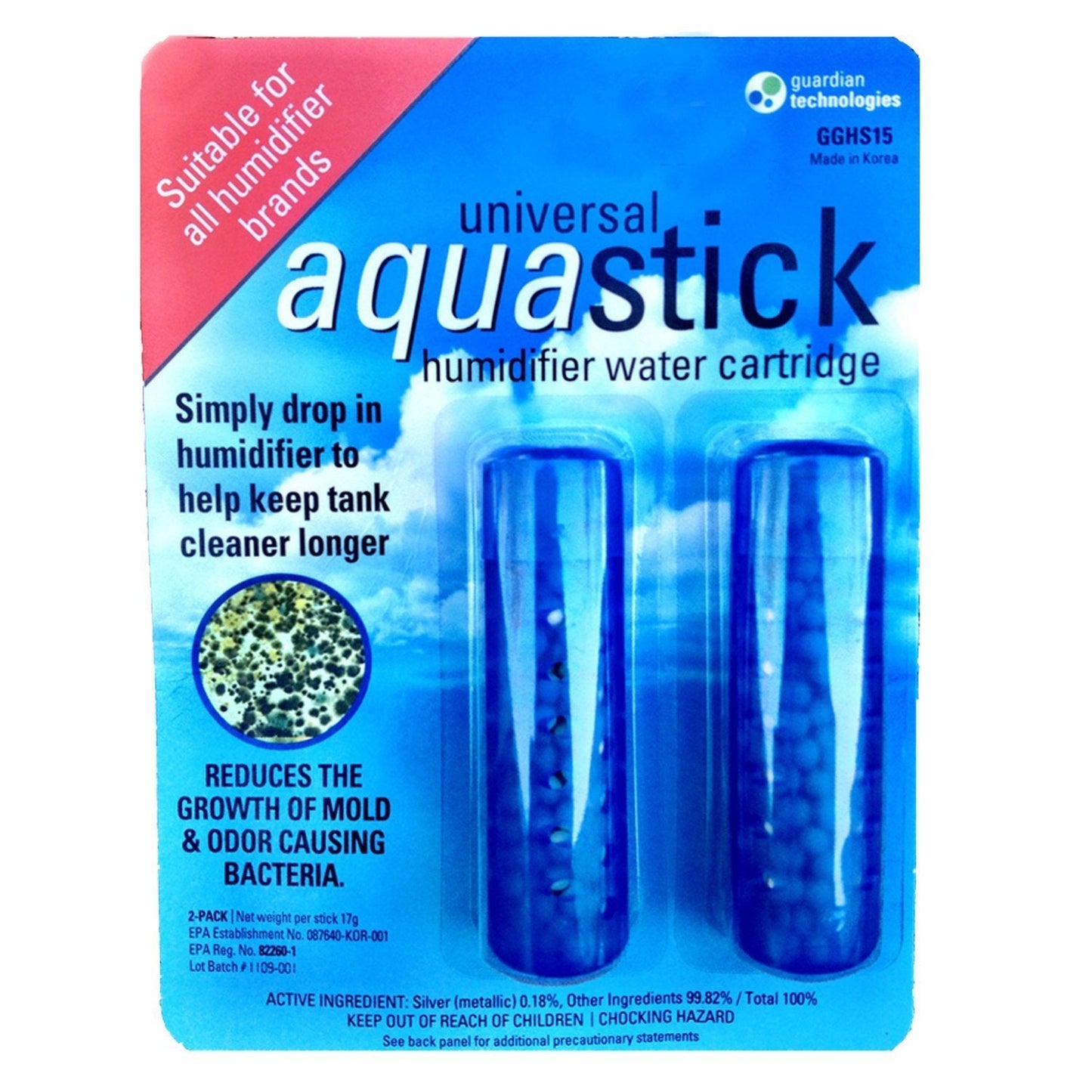 PureGuardian Aquastick, Universal, Genuine Guardian Technologies Antimicrobial Humidifier Treatment, Ultrasonic & Evaporative, Fits All Brands, Reduces Odors, 4 Count (Two Packs of Two), GGHS152PK