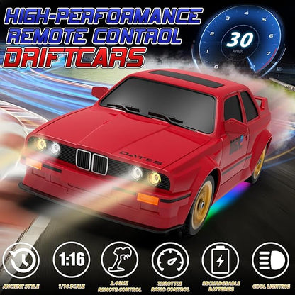 Remote Control Cars 1:16 Scale RC Drift Car 2.4Ghz 30KM/H High Speed 4WD RTR Racing Car with Drift Tires LED Lights 2PCS Rechargeable Batteries RC Sport Cars Toys for Adults Boys Girls Kids Gift