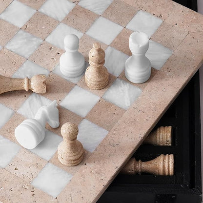 Marble Chess Set 15 Inch Handmade Travertine &amp White Luxury Board Games for Adults Elegant Table top Board Game Travel Chess Pieces &amp Storage Box for Gifts &amp Home Decor