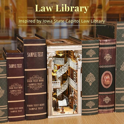 DIY Book Nook Kit for Adults 3D Wooden Puzzle Bookend Bookshelf Insert Decor with LED Light and Dust Cover (Law Library)