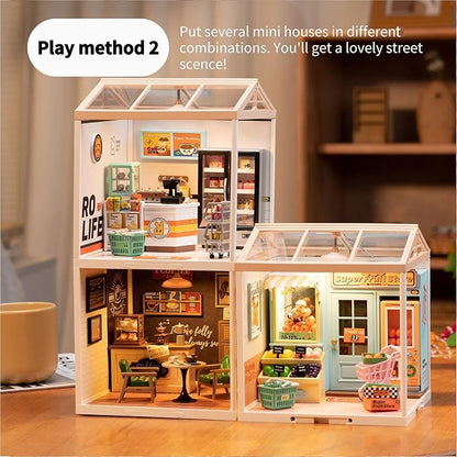 Rolife Plastic House Building Set Toy DIY Miniature Dollhouse Playset with LED for Mini Figures Construction Toys Diorama Kit Gifts for Adults