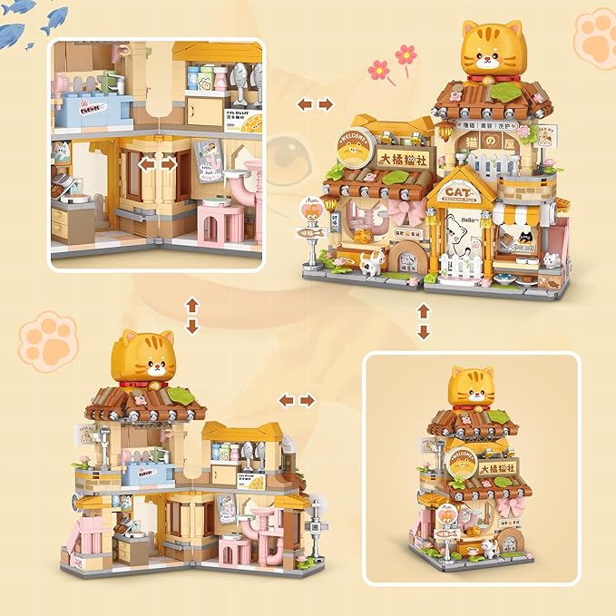 Street View Cute Cat Shop Mini Building Blocks MOC Creative Building Toys Cute Animals Building Set for Girls 6-12 Simulation Architecture Construction Toy Gift Idea for Kids Adults (917 PCS)