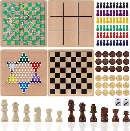 Glintoper 5-in-1 Wooden Board Game with 2 Reversible Boards for Chess Checkers Chinese Checkers Snakes and Ladders Tic Tac Toe Tabletop Combo Classic Portable Board Games for Kids to Adult
