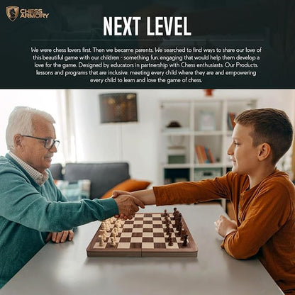 Chess Armory Wooden Chess Set 15 Inch - Premium Walnut Wood Handcrafted Game Board for Adults and Kids with Extra Queen Pieces and Storage Box - Ideal for Home and Travel - Non-Magnetic