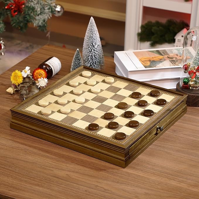 Peradix Magnetic Chess Checkers Board Sets with 2 Built-in Storage Drawers12.8 Classic 2 in 1 Wooden Games with 2 Extra Queens for Kids and AdultsTravel Portable Chess Game Set