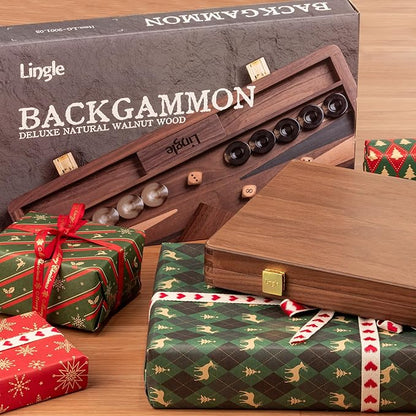 14.5” Premium Natural Walnut Folding Backgammon Sets for Adults and Kids Including 30 Artificial Horn Checkers 2 Walnut Dice Cups and 5 Wooden Dice/Classic Two-Player Strategy Board