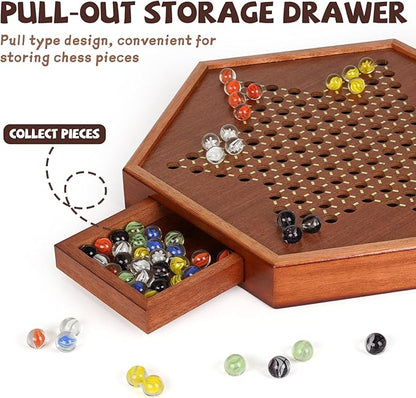 15-Inch Wooden Chinese Checkers Board Game Set – Classic Strategy Game with 72 Glass Marbles Dual-Sided Storage Drawer Family Board Games for Adults Educational Travel and Indoor Game