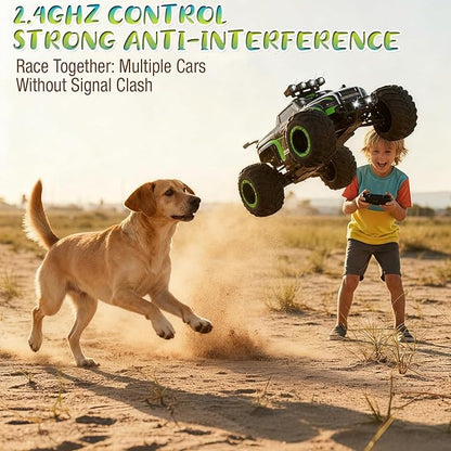 Remote Control Monster Truck for Kids: Off-Road RC Car with Headlights &amp Body Lights 1:18 20 km/h 2WD 2.4 GHz All-Terrain Rechargeable High-Speed - Birthday for Boys Ages 4-12