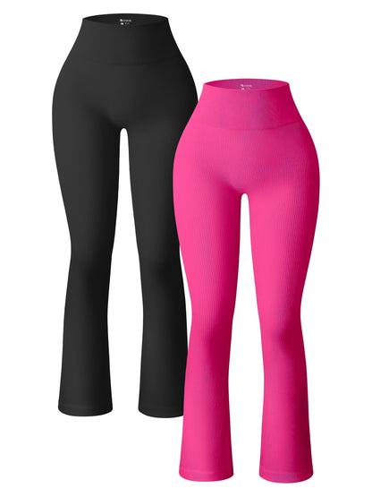 OQQ Women's 2 Piece Yoga Pants Ribbed Seamless Workout High Waist Bell Bottoms Flare Leggings