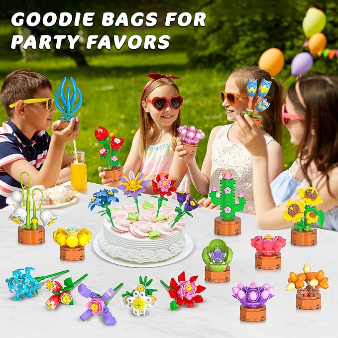 24 Pack Easter Basket Fillers Flowers Party Favors for Kids Building Set - 827PCS Botanicals Succulent 3.6MM Mini Building Blocks Toy for Goodie Bag Stuffer Classroom Prize Gift for Kids Girls Boys 6+