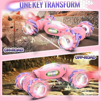 Pink Remote Control Car Toys Gifts for Girls 6-12 with Light &amp Music &amp Spray 2.4Ghz 4WD Double-Sided 360° Rotating Gesture Sensing RC Stunt Car Birthday for Girls Kids