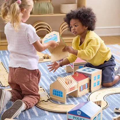 Guidecraft Community Buildings: Set of 6 Wooden Block Play Buildings (Fire Station Police Department Hospital School Grocery Store &amp Service Station)