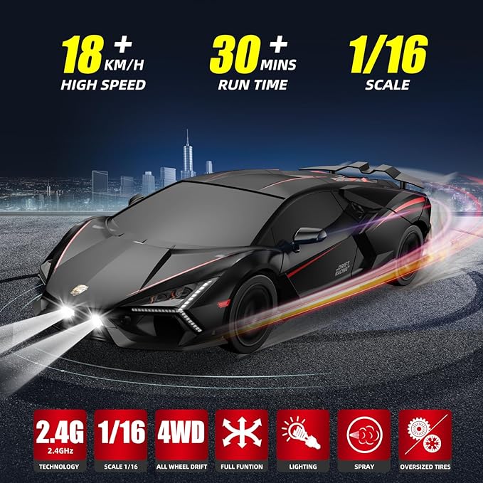 RC Drift Car Drifting RC Car 1/24 4WD Drift Cars Remote Control 2.4GHz Racing RC Vehicle with LED Lights Rechargeable Battery and Drifting Tires Racing Sport Toy Cars for Adults Boys Kids