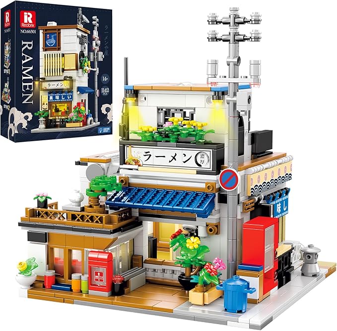 Reobrix Japanese Ramen Shop Building Blocks 66501 2 in 1 Creative Street View House Building Kit with Light Japanese Architecture Home Office Decor Ideal Gifts for Boys Girls Adults 14+