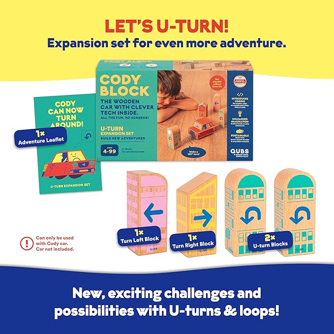 Cody Block U-Turn Expansion Set Educational Wooden Building Blocks and Car STEM Toys for Preschool Kids Ages 3+