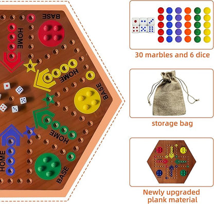 Wooden Board Game Board Game Original Marble Game Double Sided Painted 2 to 6 Player Fast Track Wooden with 6 Colors 24 Marbles 6 Dice for Adults Kids Family(24 INCH Flame)
