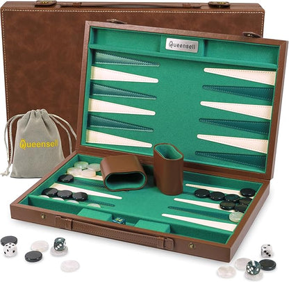Premium 15 Inch Backgammon Set for Adults – Classic Faux Suede Leather Backgammon Board with 32 Chips Dice Cups &amp Doubling Cube