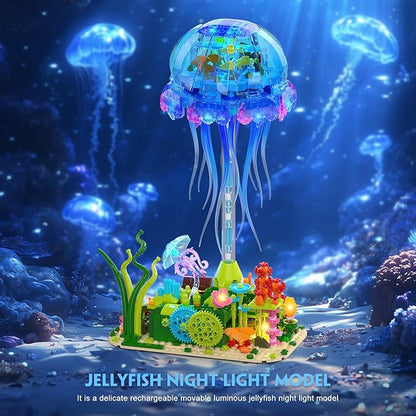 Jellyfish Building Set with LED Lights Floating Jellyfish Lamp for Home Decor Ocean Animal Collection Model with Coral &amp Seaweed Creative Display Gift for Adults Teens 14+