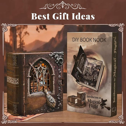 Book Nook Kit with LED Light Miniature House Kit for Birthday 3D Wooden Bookends Puzzle Bookshelf Decor for Adults Teens Beginners (Introduction to Magical Flight)
